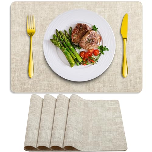 Placemats Set of 4 Washable, Heat Resistant Table Placemats Wipeable Faux Leather Place Mats Non Slip, Waterproof Square Table Mats for Indoor Outdoor, Beige