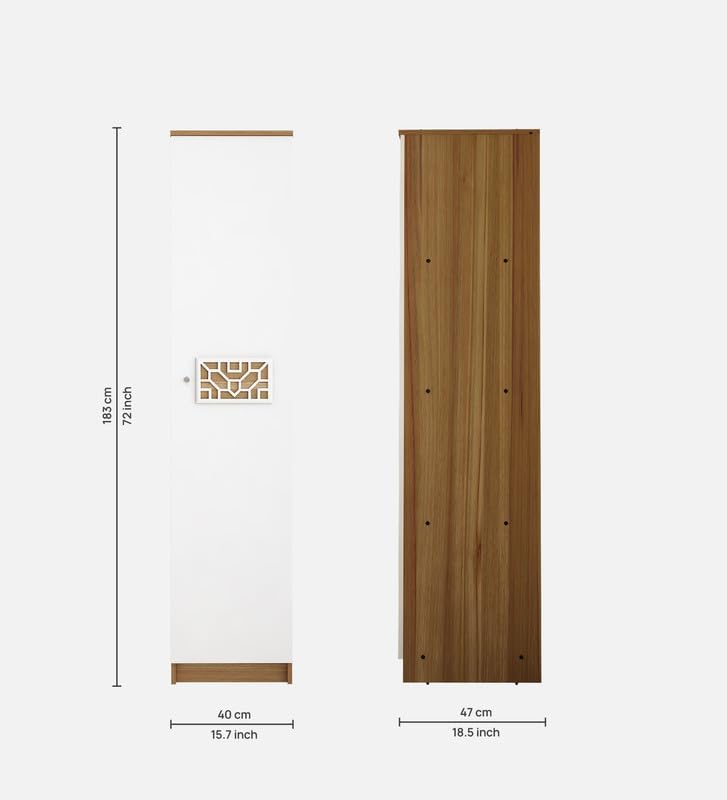 Image of Echo Multipurpose 1-Door Wardrobe | Engineered Wood | 4 Spacious Shelves & Drawer | Lyon Teak & White Finish | Compact & Durable | Easy Knock-Down Assembly