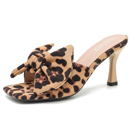 Women's Bow Sandal Mid High Kitten Heel Slip on Square Toe Mule Heels
