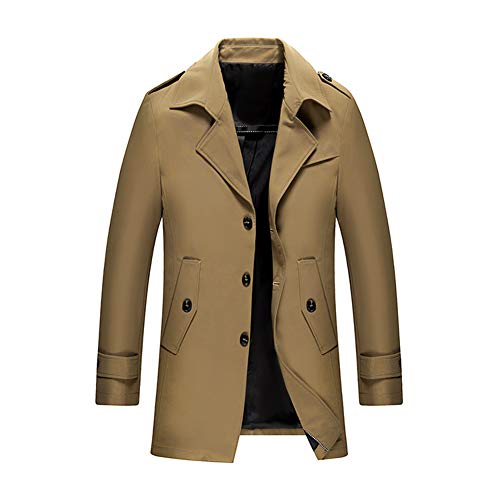 GZL Men Trench Coat Slim Fit Notched Collar Overcoat Single Breasted Long Pea Coat Jacket,Khaki,L
