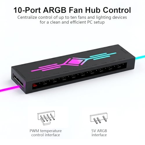 Image of ZORBES 10-Port ARGB Fan Hub with Remote Control, Magnetic PWM Fan Hubs Fan Splitter for 5V 3-Pin ARGB Ports, SATA Powered RGB Hub PWM Temperature-Controlled for PC Cooling