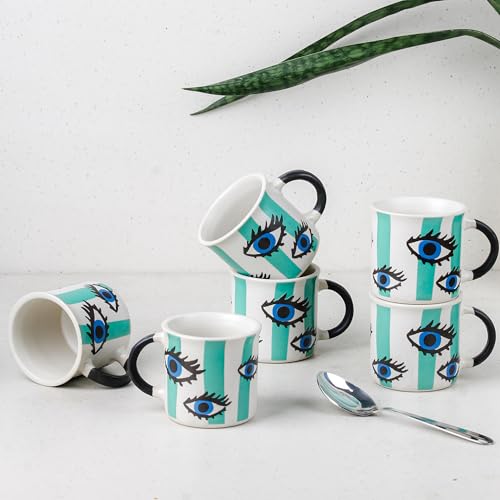 Image of The Earth Store Evil Eye Tea Cup Set of 6, 150 ML Each, Microwave and Dishwasher Safe Coffee Cups | Cup Set for Tea | Tea /chai Cups for Gifting, Home & Office Use, Every Occasion