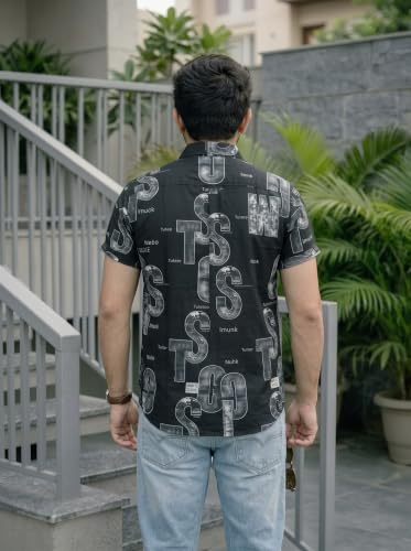 Image of LAMBOO Men Stylish Premium Branded Typography Print Festival Printed Cotton Stretchable Fabric Slim Fit Half Sleeve Cut Away Collar Casual Shirt