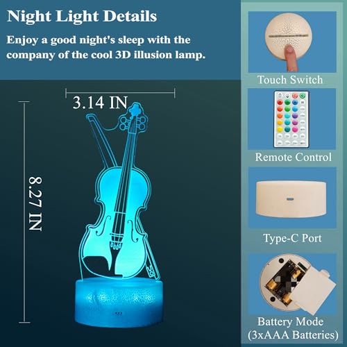 Image of Violin Night Light, Violin Gifts, Cello 3D Illusion Lamp with 16 Colors Changing, Timer, 4 Flash Modes and Dimmable, Kids Boys Girls Room Decoration, Holiday Xmas Music Gifts