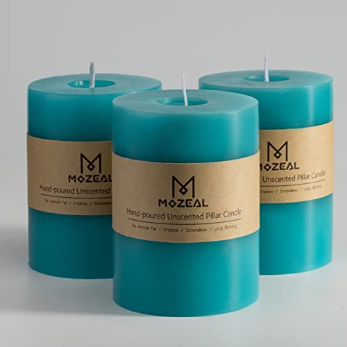 MOZEAL 3 x 4 Hand-Poured Unscented Candle Dripless Pillar Candle Set of 3 Long Clean Burning Approx 72 Hours Burn Time Rustic Country Style Wedding Dinner Christmas and Home Decor Turquoise Teal