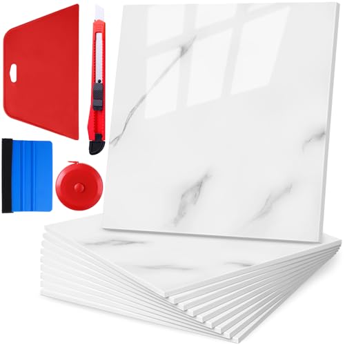 Nuanchu 36 Pcs Peel and Stick Shower Waterproof Tiles Wall Panels 12 x 12 Inch Self Adhesive Backsplash with Ruler Knife & 2 Scrapers for Washroom Bathroom Living Room, Not Real Tile (Carrara White)