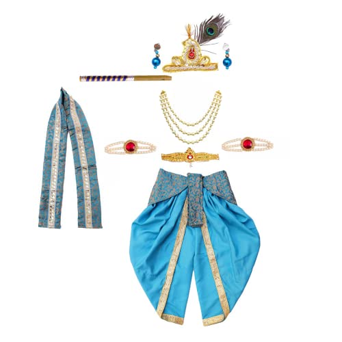 Image of ITSMYCOSTUME Krishna Dress for Baby Boy Kids Set of 10(Dhoti,Hip Cover,Patka,Mukut,Morpankh,Bansuri,Kamarband,Bajuband,Kundal) Little Krishna Ji Kanha Janmasthmi Costume