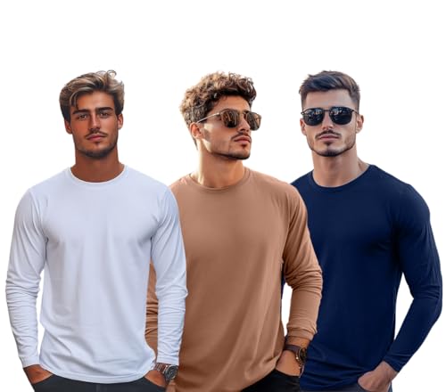 Image of Veirdo Pure Cotton Round Neck Regular Fit Solid Full Sleeve T-Shirt Pack of 3 Combo for Men (Colors: Swanwhite, Green, Navy, Black, Cork, White & Maroon)
