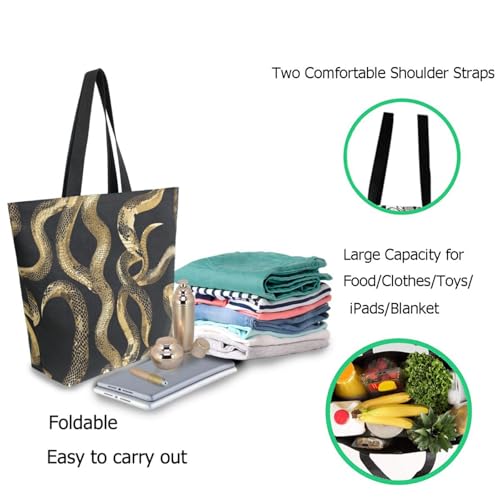Fashion Golden Snake Black Extra Large Canvas Gym Shoulder Tote,Durable Daily Reusable Top Handle Bag for Mens Womens Yoga Weekender Picnic Beach Travel Market Shopping2