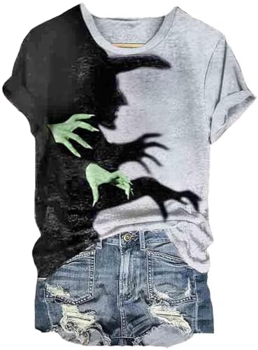 Halloween Witch Shadow Shirt Women Novelty Witch Shadow Graphic Print Tee Tops Hocus Pocus Casual Fall Blouse Tops2