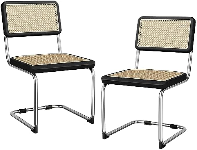 Rattan Dining Chairs Set of 2 Mid Century Modern Dining Room Chairs with Natural Rattan Woven Backrest and Seat Upholstered Kitchen Armless Side Chairs with Metal Legs, Black
