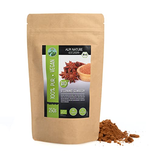 Anís estrellado molido ecológico (250g), cápsulas de anís estrellado ecológico, polvo de anís estrellado procedente de agricultura ecológica, 100% natural, sin aditivos