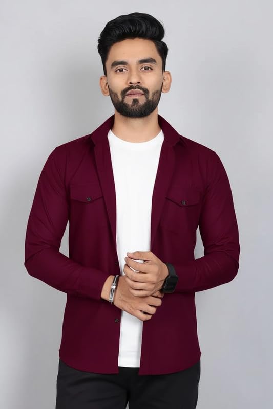 Image of DEELMO Men Solid Slim Fit Casual Overshirt Style Shirt | Full Sleeve Button-Down Layering Shirt Smart Casual Look