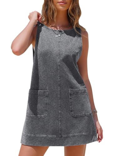 Image of EXLURA Womens Sleeveless Denim Dress Casual Summer Crewneck A Line Overall Mini Dress Jean Jumper Pinafore with Pockets 2025