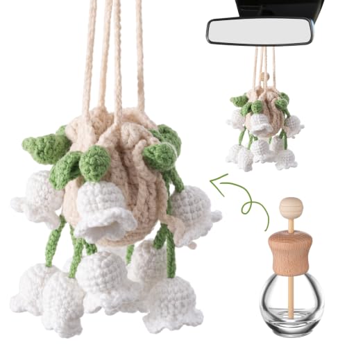 Image of DaisyInner Cute Crochet Plant Car Freshener 12ml Empty Refillable Diffuser Bottle with Plants Hanging Accessories for Ornaments Charms Rearview Mirror Decor Women Gifts (Green, White,Bellflower)
