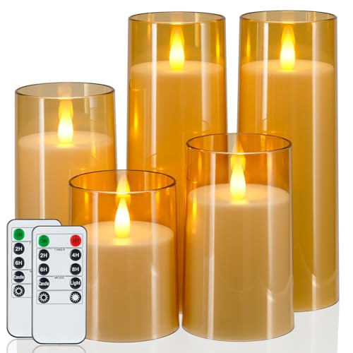 Image of Homemory Realistic Flickering Flameless Candles, Battery Operated Candles with Remote Control and Timer, LED Fake Electric Candle for Home, Christmas Decoration, Gold, Set of 5