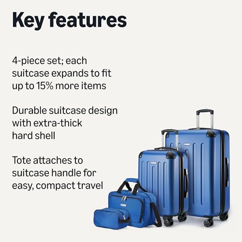 Image of Amazon Basics 4-Piece Hardside Luggage Set with Multidirectional Spinner Wheels, 22 inch Carry-On, 28 inch Checked Suitcase, 15 inch Tote Bag and 10 inch Travel Case, Navy Blue