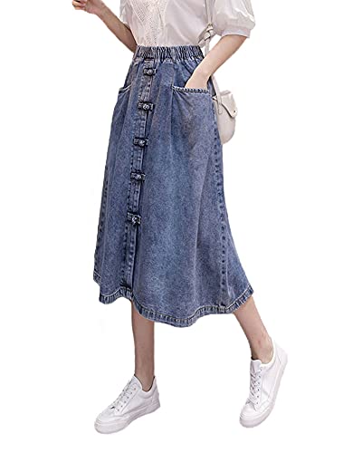 ebossy Women's High Waist Stretchy Denim Button Front Jean Midi Skirt with Pocket3