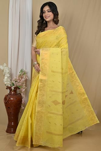 Image of eC ESHA'S COLLECTION Women's Kerala Cotton Floral Motif Printed Zari Bordered Tant Saree Without Blouse Piece