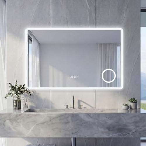 NeoArt Espejo baño con luz Frontal LED antivaho Espejo de baño Regulable 3000K-6500K 3 Colores Ajuste de Brillo 10%-100% Espejo de Aumento 3X función Memoria Interruptor táctil IP44 IP65 100x60 cm