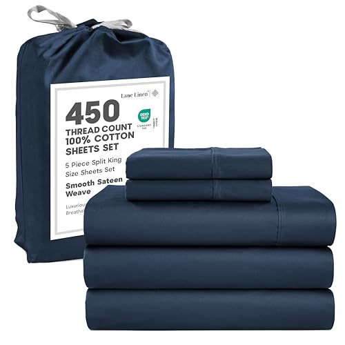 Image of LANE LINEN Split King Sheet Sets for Adjustable Beds - 5 PCs, 450 Thread Count Split King Sheets Set - Sateen Weave King Split Sheets - Split Top King Sheets Set for Adjustable Bed - Estate Blue