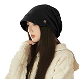 [SIVAN] 【顔が小さく見える】ニット帽 レディース 秋冬 【定番なつば付きニット帽・柔らかさの2層仕立て】 暖かい 防寒防風 抗菌防臭 保温 大きいサイズ ストレッチ性 帽子 ニット帽子 ニットキャップ 無地 サイズ調整可能 (ブラック)