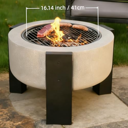 Image of Wood Burning Concrete Outdoor Fire Pit,Heat Resistant MGO Ceramic Material Base with BBQ Grill Firepit for Patio Garden,Backyard Barbecue,Outdoor Gatherings (Grey 3)