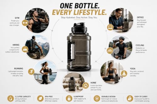 Image of AQUAFIT Sports Water Bottle With Portable Handel With BPA Free Material For Gym,Yoga And Sports Activity Color- (Gym Black, 2.2 Liter)