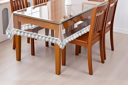 Image of The Furnishing Tree Rectangle Shaped 12 Seater Transparent Table Cover WxL 60x140 inches 0.25 mm Thickness with Silver Lace