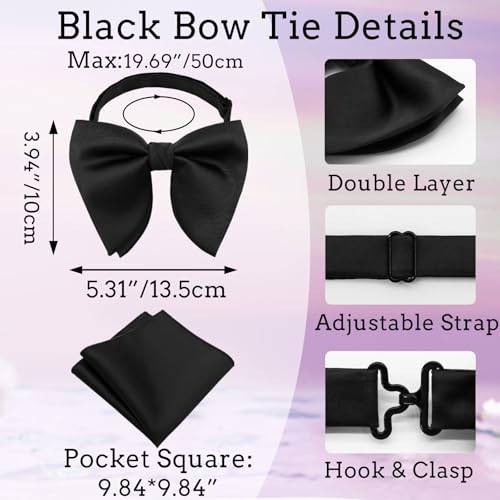 Image of Oversized Bow Ties for Men, Pre-Tied Bow Tie and Handkerchief with Pocket Square Holder Set for Wedding Party Daily
