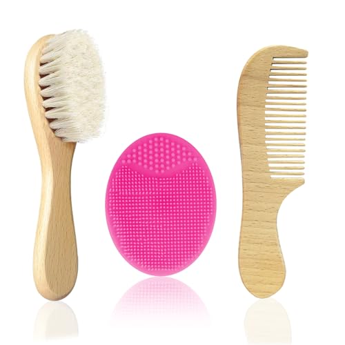 Molylove Baby Hair Brush with Wooden Handle and Comb Set for Newborns & Toddlers | Natural Soft Goat Bristles l Wood Comb l Rose Red Silicone Brush| Ideal for Cradle Cap (3 Piece)