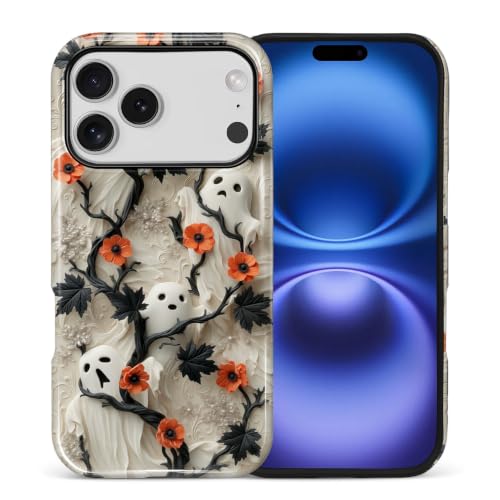 NONMY for iPhone 17 Pro/iPhone 18 Pro Case,Hybrid 2 Layer Hard Shell Silicone Protective Case - Orange Flower Ghost Halloween - Scratch Resistant Shockproof Cover