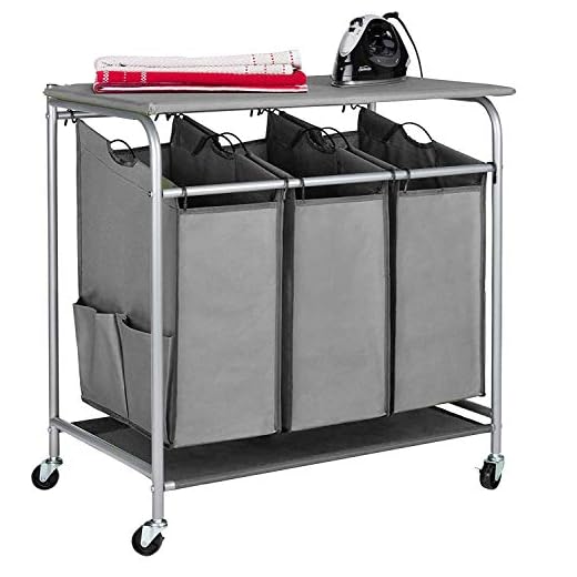 JINAMART Brown Heavy Duty Laundry Sorter Bag Laundry Hamper Basket with Wheels Storage Cart + 2 Pockets Each Side (3 Bags with Iron Board, Grey)
