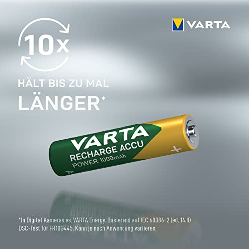 VARTA Batterien AAA, wiederaufladbar, 4 Stück, Power on Demand Recharge Accu, Akku, 1000 mAh Ni-MH, ohne Memory Effekt, vorgeladen, sofort einsatzbereit