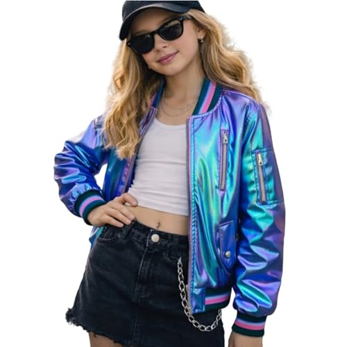 LOLANTA Blouson Bomber Fille Bleu Violet Métallique, Léger Brillant, Y2K Holographique Style Futuriste et Rock pour Halloween et Carnaval(Bleu Violet, 8-9 Ans, 140)