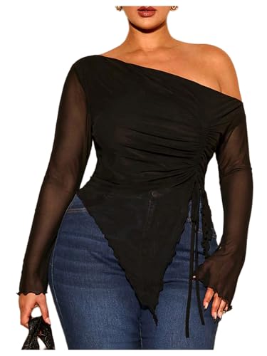 SOLY HUX Women's Plus Size Mesh T Shirt Off The Shoulder Long Sleeve Sheer Tee Ruched Drawstring Asymmetrical Hem Tops