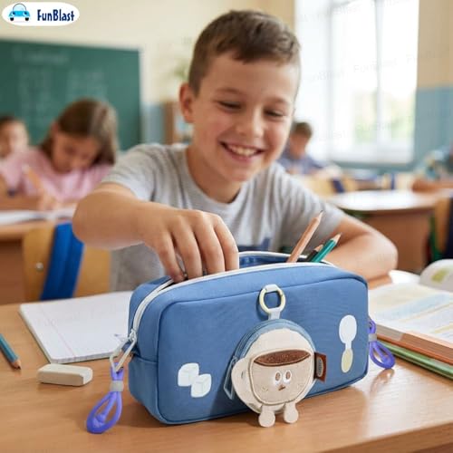 Image of FunBlast Pencil Pouch for Girls - Cartoon Pouch with Hanging Strap & Coin Pouch, Multipurpose Zipper Case, Aesthetic Pouches for Girl, Kawaii Pencil Case, Cute Pouches for Girls (Blue)