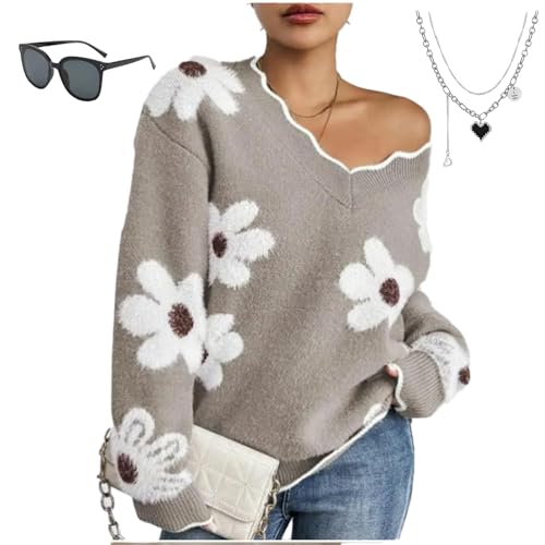 Scallop Trim Flower Sweater, 2025 New Women's Floral Pattern Scallop Trim Sweater, V Neck Loose Floral Sweaters for Women - Main Image