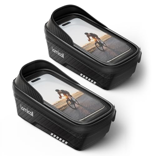 Image of Lamicall 2 Pack Bike Frame Bag Waterproof - [1s Release] [2 in 1] Bike Phone Bag, Bike Phone Holder Mount, Bicycle Top Tube Bag, Cycling Pouch with Rain Cover, Bike Accessories for Phones Under 7 inch