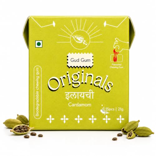 Image of Gud Gum- Natural, Plastic Free Chewing Gum- Clove, Cardamom, Fennel, Cinnamon- 21g x 4 - Mini Pack of 4- No added artificial colours, flavours & sweeteners (4 Packs, 60 chewing gums) Cardamom