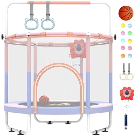 5FT Trampoline for Kids,Toddler Trampoline with Net,Trampoline Indoor with Adjustable Gym Bar,Baby Trampoline with Basketball Hoop,Mini Trampoline for Ages 1-6,Kids Gifts,Trampoline Toys,60" Cover