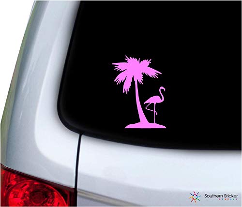 Southern Sticker Company Flamingo one Palm Tree 3.9x5.2 inches Beach Ocean Size Laptop car Window Truck - Made and Shipped in USA (Soft Pink)