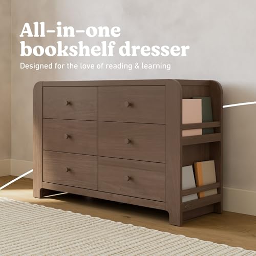 Image of Graco Read-with-Me 6 Drawer Dresser with Bookshelves - GREENGUARD Gold Certified Storage for Baby and Kids Room, Interlocking Drawer System (Hazelnut)