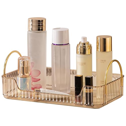 Bathroom Organizer Countertop, Vanity Tray for Skincare Makeup, Counter Organizer for Cosmetics, Toiletries, Lotions, Perfumes (1 Tier, Amber)