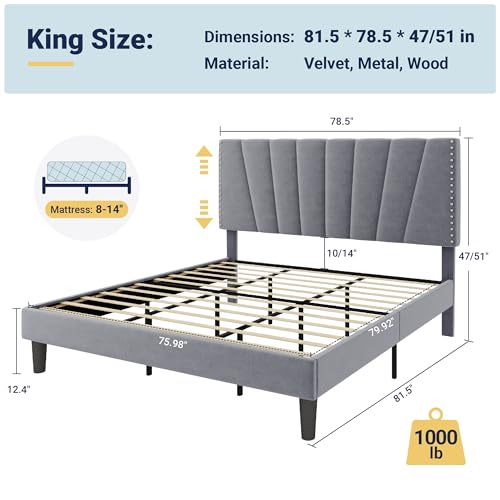 Image of Allewie King Size Velvet Platform Bed Frame with Adjustable Headboard, Grey | Height-Adjustable Velvet Headboard, Rivet-Style Nailhead Trim, Wooden Slat Support, No Box Spring Needed, Easy Assembly