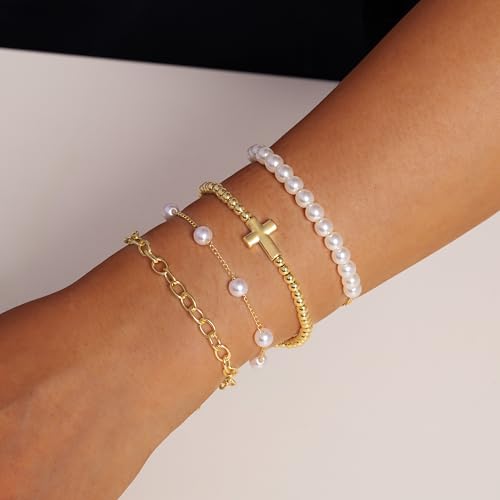 Pearl Bracelets for Women, 14K Gold Plated Beaded Jewelry Sets With Cross Charm Chain, Dainty Trendy Gifts 5