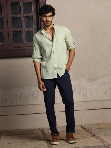 Image of Thomas Scott Men's | Solid | Full Sleeve | Slim Fit | Linen Blend | Mandarin Collar | Casual Shirt