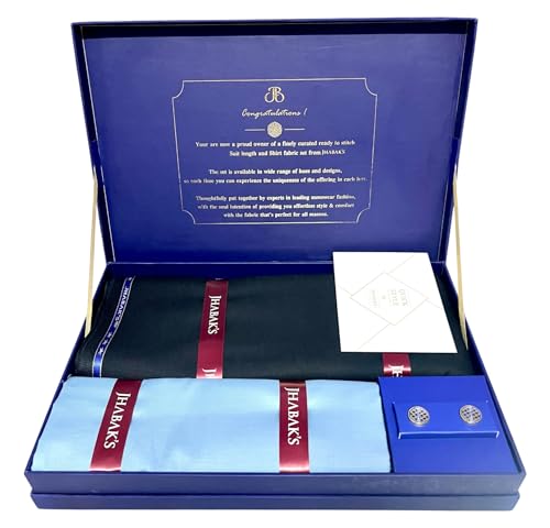 Image of JHABAK'S Men's 100% Pure Cotton Unstitched 1.7 Meters Shirt Piece - 3.25 Meters Suit Fabric Set with Cufflinks (Multicolour, All Weather Fabric, Attractive Box)