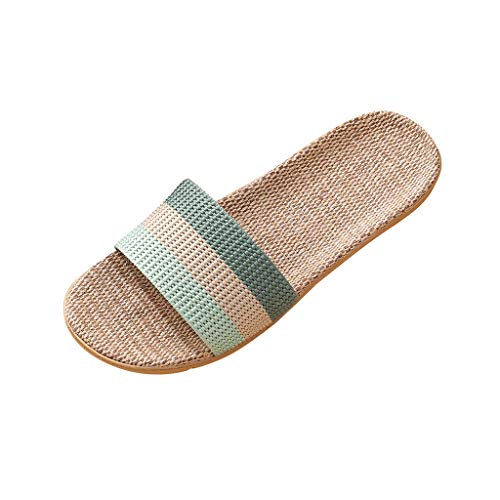 Stripe Linen House Slippers for Women Indoor Skidproof Open Toe Comfy Grass Slippers for Summer Beach Travel