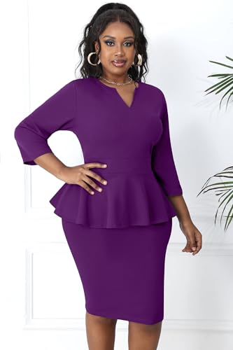 Image of Runwind Plus Size Dresses for Curvy Women, Work Church Professional Office Vintage Peplum Pencil Dress V Neck 3 /4 Sleeve